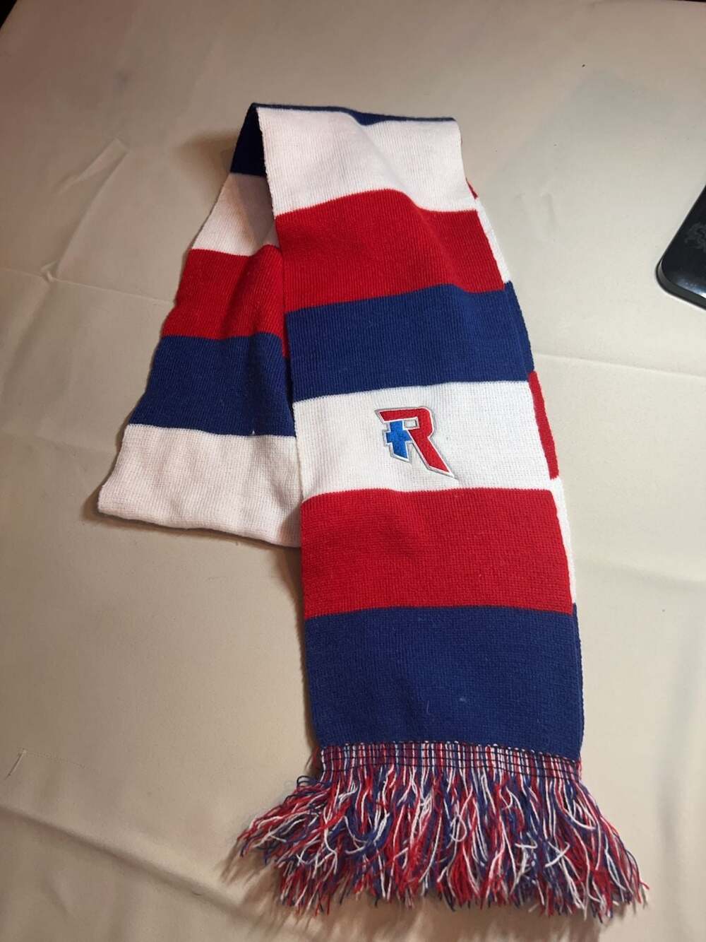 Russell Athletic Red White and Blue Striped Knit Fringed Scarf